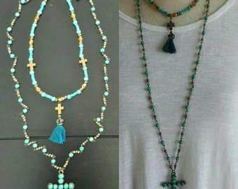 Boho turquoise strand necklace, Cross pendant double chain