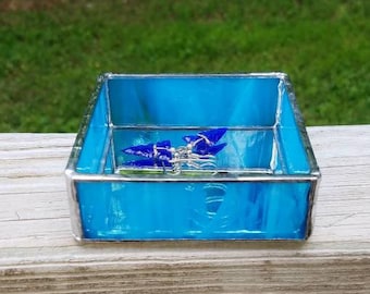Light Blue Square Mirrored Stained Glass Jewelry or Keepsake Box