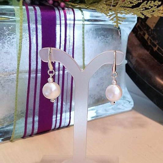 SabbysPlace32 White Swarovski Coin Crystal Pearl Silver Earrings