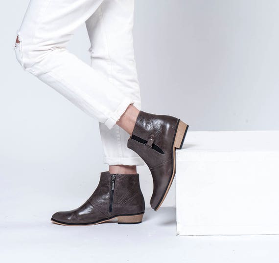 Women Leather Booties / Flat Shoes / Taupe Leather Boots