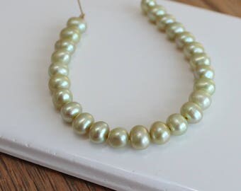 Wasabi Green Freshwater Pearls. 5x6mm Potato Pearl. 25 Pearls. 5 Inch Strand. Soft Light Green Color. #511