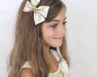 Gold Hair Bow - Sparkly Gold Hair Bow - Girls Christmas Hair Bow Gold Wedding