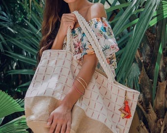 Oversized beach bag / woven purse / vacation tote bags / 100% cotton & burlap totes / women overnight bag / custom bridesmaid gift