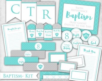 Baptism Kit - LDS Digital Printable Decor Bundle Banner Water Bottle Label Cupcake Topper Handout Grey Teal Blue Boy Girl Gender Neutral