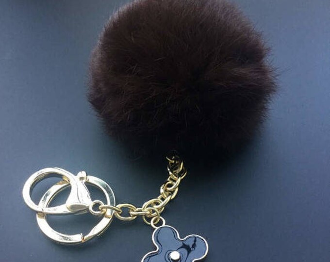 Dark Chocolate Genuine Rabbit fluffy ball furkey fur ball pom pom keychain for car key ring Bag Pendant