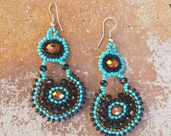 Black Bronze Turquoise Guatemalan Bead Dangle Earrings,Handmade Guatemalan Dangle Earrings, Bead Dangle Earrings, Vintage Bead Earrings