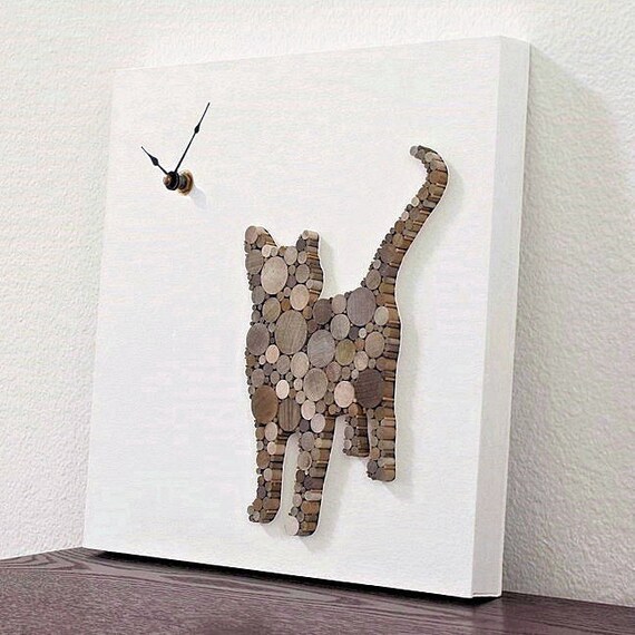 Items similar to Rustic Modern Wall Clock, Cat Wall Decor, Cat Clock