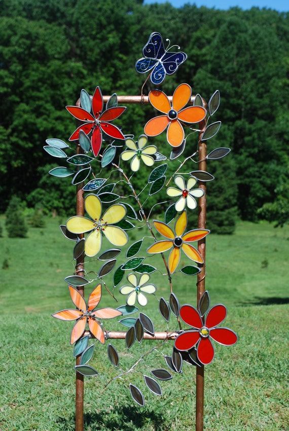 Large Stained Glass Plant Stake Garden Decor Flowers Butterfly