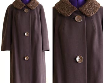 50s or 60s brown wool a-line coat with Persian lamb collar