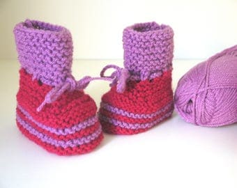 Baby 0/3 wool slippers Boots. 3/6; 6/9 months raspberry & purple - baby girl hand knitted newborn