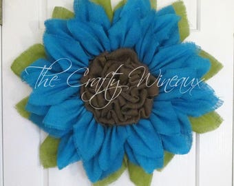 Rich Burlap, Turquoise Blue Burlap Flower, Burlap Sunflower Wreath, Spring Wreath, Summer Wreath, Housewarming Gift, Customizable Wreath
