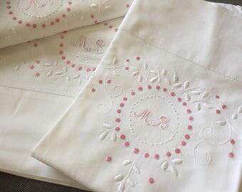 Francés antiguo set de ropa de cama/doble / mano bordada con monograma/MB/hoja plana / y /pillow