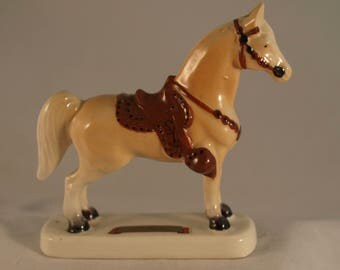 Vintage 1960's Ceramic Palomino Horse Victoria Ceramics Made In Japan Souvenir for Indian Lake, Ohio, Western Saddle and Gear FREE SHIP
