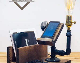 Industrial Pipe Lamp With IPad support and Apple watch dock charger & Phone Docking Station
