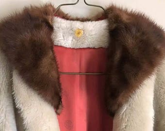 Vintage 50s 60s faux fur swing coat w/real mink detachable fur collar Lined
