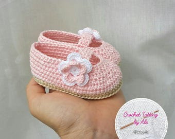 Pink crochet Ballet flats shoes and baby shoes, slippers, ecru 0-3 months