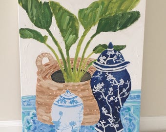 Chinoiserie art, chinoiserie painting, blue and white ginger jar, palm painting, palm tree art, asian temple jar, double happiness jar