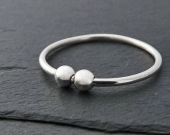 Thin Sterling Silver Fidget Ring (Double Bead) - Petite Silver Spinner Ring, Spinning Bead Ring, Worry Ring - Small Silver Bead Ring