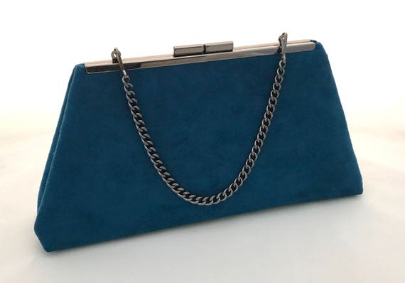 Teal Suede Evening Clutch Handbag Blue Brides Maid Clutch