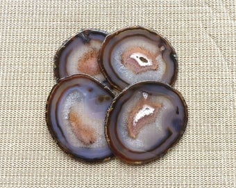 Raw Agate Coasters set of 4pieces Brown Agate Geode Coasters Gold/Silver Rimmed Agate Slice Coasters for Wedding/Party/Dinner Home Decor 44#
