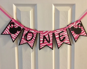 Minnie Mouse One highchair birthday zebra print banner in hot pink and black theme