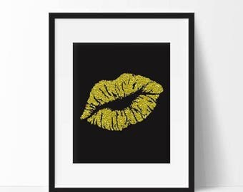CIJ Sale Gold Glitter Lips Print Instant Download Wall Art, Kiss Print Valentines Day Decor, Lips Print, Gold Glitter Printable Kiss Decor