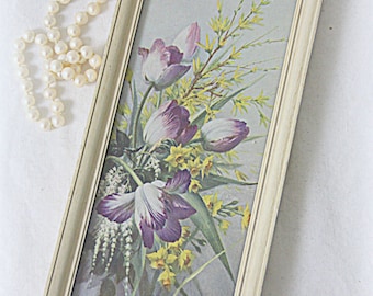 Vintage Small Floral Print Under Glass in Wooden Frame, Spring Time Flowers Painting Print, Vernon Ward