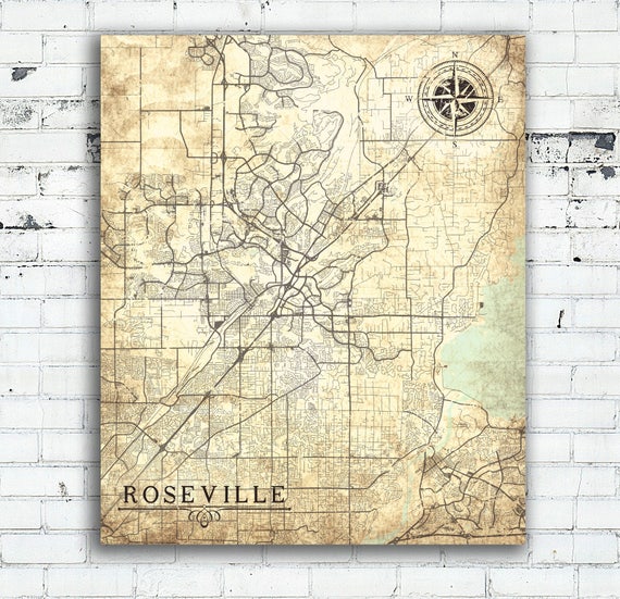 Roseville Ca Canvas Print Ca California Vintage Map Gift Print