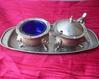 Rare Antique Open Salt Cellar & Mustard Pot With Tray Silverplated Lion Head Paw