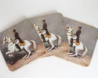 Vintage Coasters, Military Equestrian Coasters, Alexander Pock Military Artist, Set of 6 Coasters Cork Backing, Collectible Coasters in Box