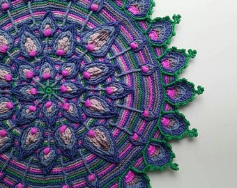 Overlay Crochet, Peacock Feather Mandala Pattern, Crocheted Home Decor, Fiber Art Wall Hanging, Crochet Pattern, Textile Art