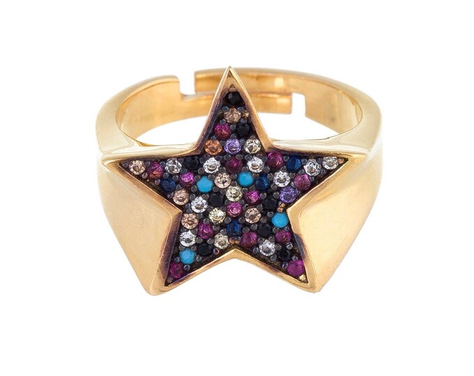 Star Adjustable Ring in Gold Plated , Star Pave Adjustable Star Ring, Natural Fire Star Ring, Pave Cz Solitarie Ring,