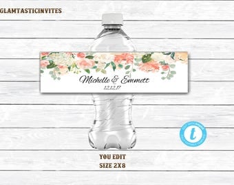 Water Bottle Template, Wedding Water Bottle Label Template, Template, Printable Water Bottle Label, Rustic, Floral, Flower, Floral Label
