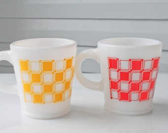 Vintage Hazel Atlas Checkered Mugs-Red-Yellow-Gingham-Squares-