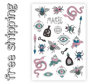 Temporary tattoos set "Sacred" with magic symbols and totems: snake, arrow, bug, eye, moon, stars, beetle. Halloween party bag supply. TA058