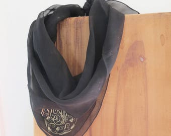 Vintage Sheer Silky Embroidered Black Scarf 20x20