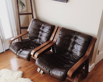 Mid century leather lounge chairs by Scanform Colombia, leather bentwood chairs, pair of leather chairs, vintage leather chairs