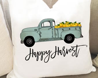 Happy Harvest Pillow - Blue Truck Pillow Cover - Fall Pillow Cover - Thanksgiving Home Decor - Rustic Gather Pillow Cover - Autumn Pillow