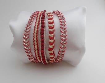5 row Cuff Bracelet mixed côtelés red and cream