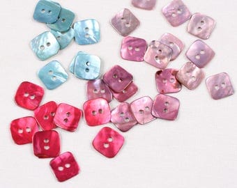 6 square buttons, mother of Pearl shiny, 12mm, aqua, pink, pink fushia 2trous (60551 am) or medium