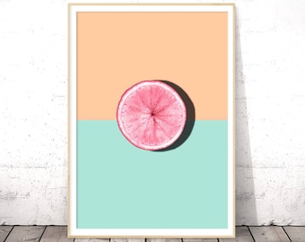Pastel Pink Wall Art, Modern Kitchen Poster, Tropical Fruit Decor, Dining Room Wall Art Prints, Printable Women Gift, Large Grapefruit Art
