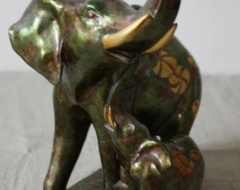 Vintage "Elephant Figurine" "Turtle King Corp" "Mama & Baby Elephant" High Gloss "Metallic Green" "Gold Flowers" Statue "Vintage Elephant"