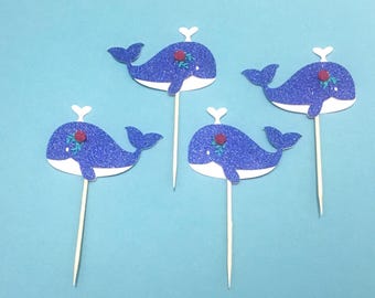 12 pc flower whale cupcake topper blue glitter baby birthday girl boy baby shower Under The Sea Theme