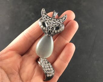 Rhinestone and Textured Metal Fox Jewelry Bling Necklace Pendant With Wiggly Tail