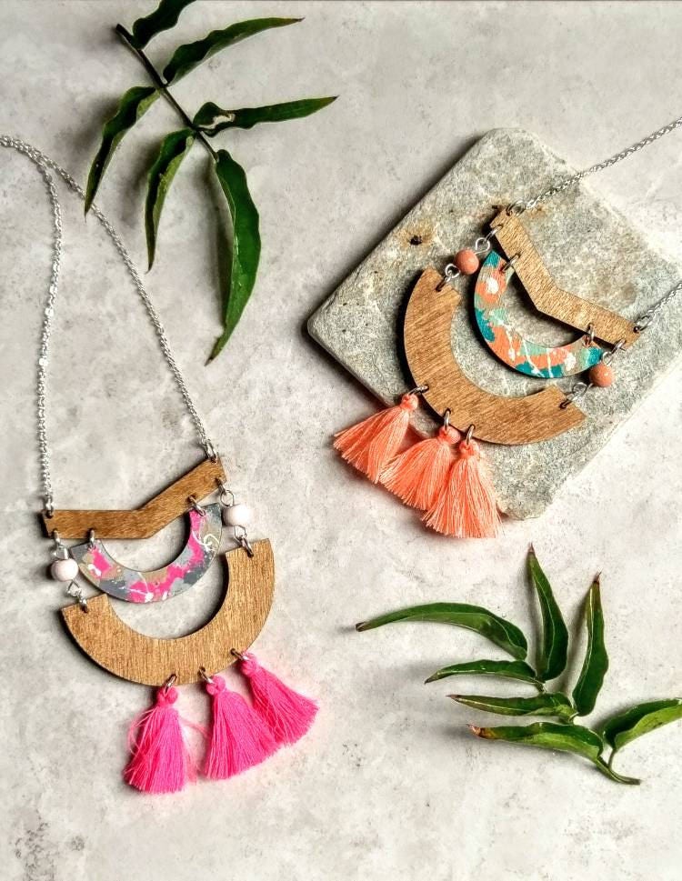 Pink Arch Tassel Necklace Wood Geometric Necklace Natural