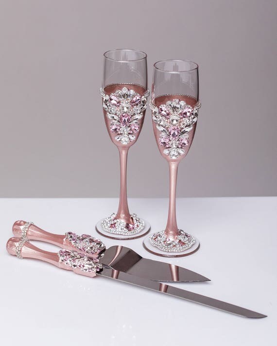 Wedding glasses and Cake Server Set Wedding Cake Knife blush