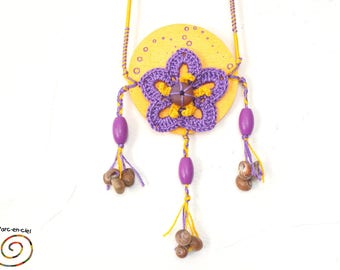 Hanging decoration, yellow, purple, round charm, flower, crochet, pearls, shells, wall decor