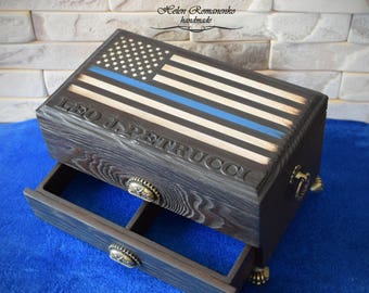 Thin Blue Line Rustic American Flag Watch box-Flag Police Blue Line-Patriotic-Monogrammed Big box-Jewelry Men-Flag USA-Police box for cigars