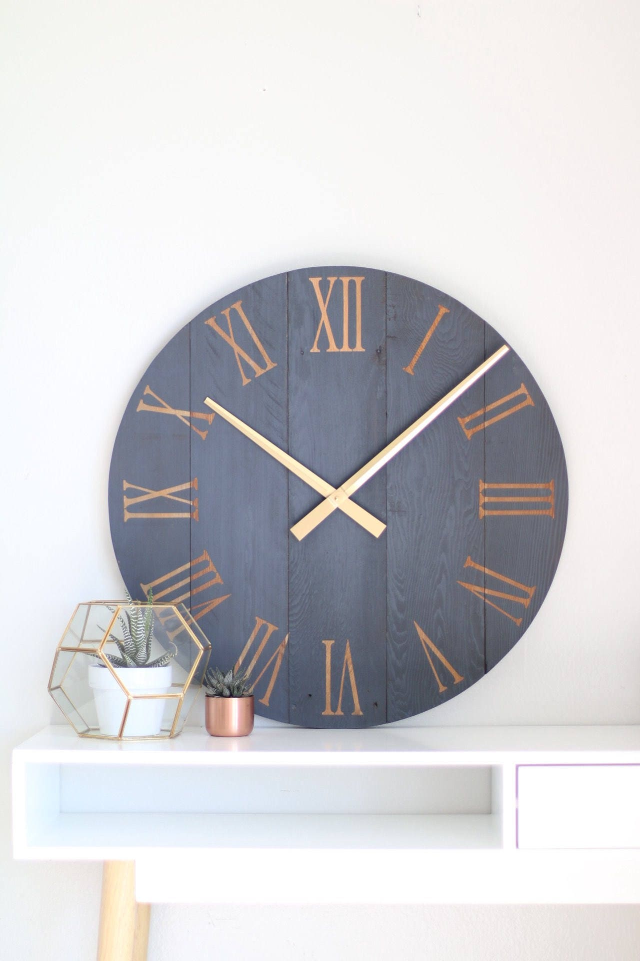 Large wall clock. Navy blue wall clock. Modern wall clock.