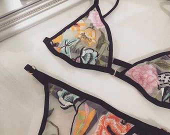 Tegan Embroidered Floral Bralette & Lingerie Set Bra Thong